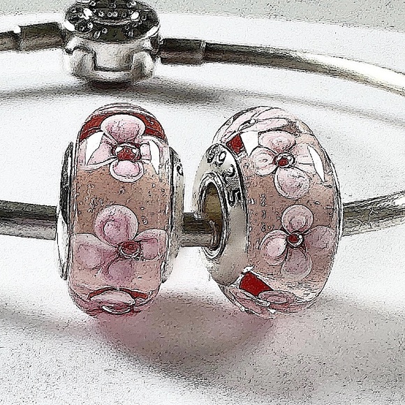 2 charms for Pandora pretty pink flower murano 925 sterling silver cores - Picture 5 of 5